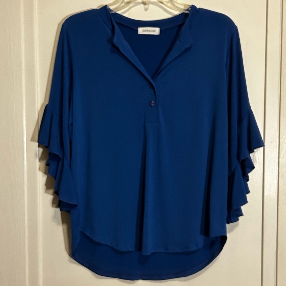 Espresso Royal Blue Scoop Neck Ruffle Sleeve Top size Small